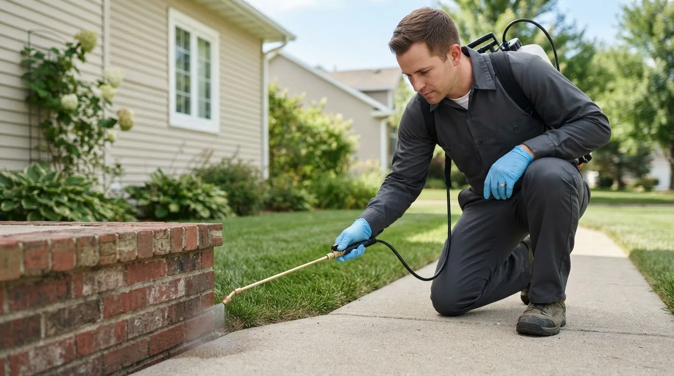 Pest control technician treating a home near Lake Crystal, MN